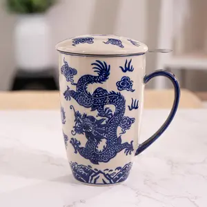 Tea Mug With Lid and Stainless Steel Infuser For Loose Leaf Tea Bag, 15oz Porcelain Hot Beverage Tea Cup Everyday Use For Home Office (Ryu Dragon)