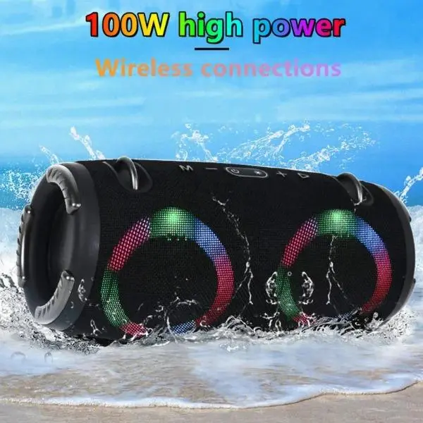 Camping 100W high power bluetooth speaker portable RGB colorful light waterproof wireless subwoofer 360 stereo surround TWS FM boombox