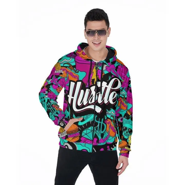 Proper Villainz Graffiti Hustle Zip Up Hoodie - Long Sleeve Soft Scuba Fabric with Front Zipper & Drawstring for Casual Outings y2k outfits men streetwear