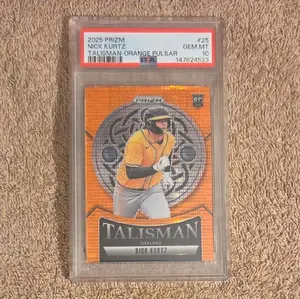 2025 PANINI PRIZM BASEBALL #25 NICK KURTZ RC ROY TALISMAN ORANGE PULSAR /399 POP 3 ATHLETICS ROOKIE