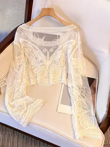 Boho Women's Beach Cover-Up Mesh Embroidered Hollow Out Thin Sun Protection Top Casual Round Neck Pullover Sweater Swimsuit Coverup Swimwear Cover Up