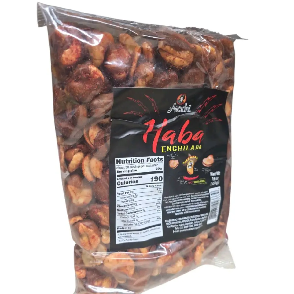 Arachi Haba Enchilada Spicy Broad Bean 16-oz Mexican Candy Snack with Peanut Garlic Protein Taffy Calorie Nutritional Facts