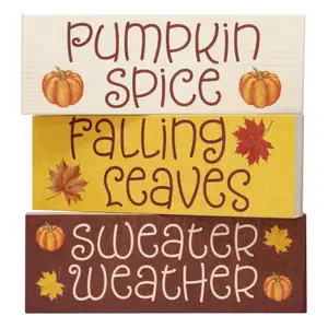 JennyGems Fall Decor Pumpkin Spice & Sweater Weather Wood Block Set 3pc Autumn Tiered Tray Decor Falling Leaves Home Decorations Handmade USA Gift