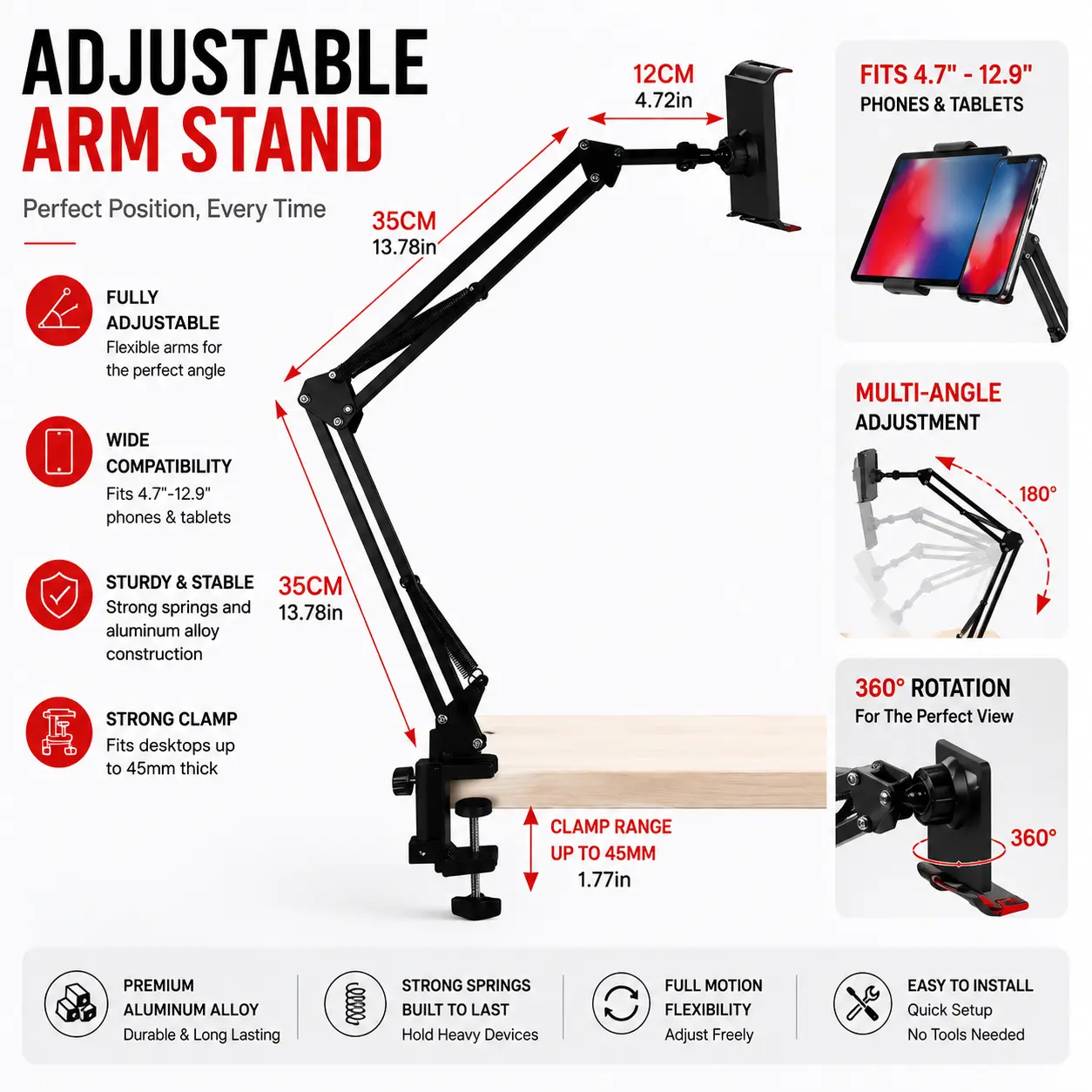 Flexible adjustable arm stand for phones and tablets. Strong clamp base, 360° rotation and multi-angle adjustment make it perfect for work, gaming, video calls and entertainment.