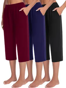 3PCS Women’s Capri Pants Set – Lightweight, Soft, Stretchable Womenswear Bottoms capri pants outfit Casual Comfy Shorts Loose Lounge Shorts Red +Navy + Black Basic Minimalist