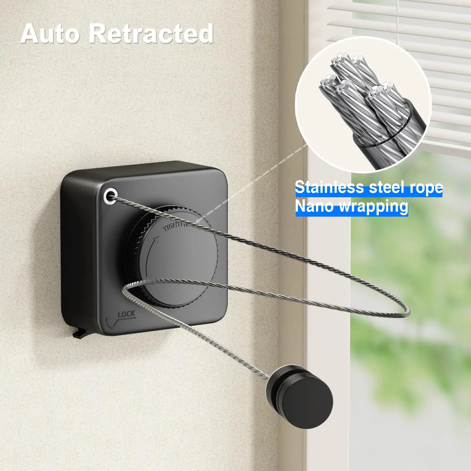 Retractable Clothesline Indoor, Non-Sagging Outdoor Clothes Line Retracting Heavy Duty Clothes Drying Laundry Line Wall Mounted Stainless Steel Line-13.8 Feets