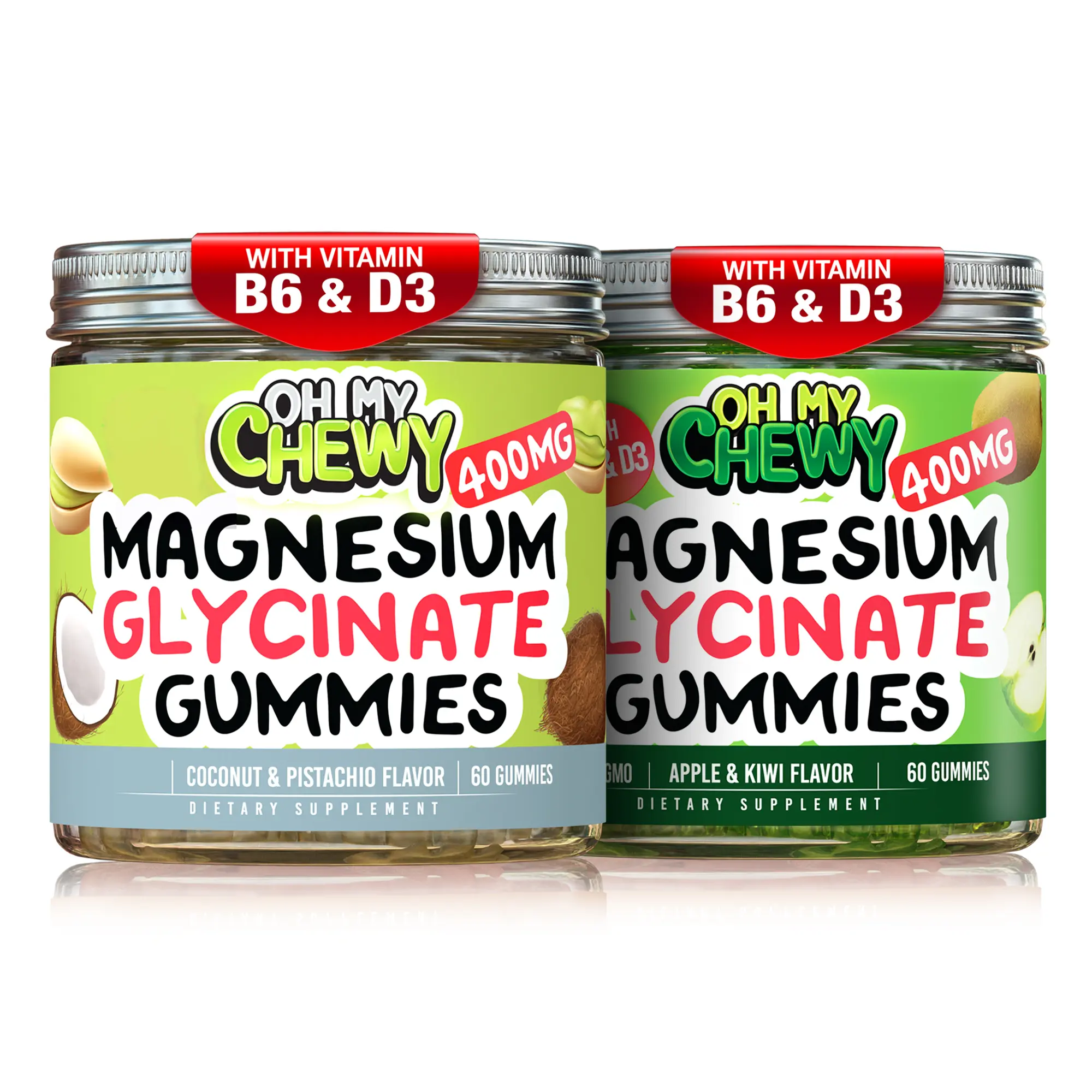 OH MY CHEWY Magnesium Glycinate Gummies Bundle – 2 Bottles (60 Each) – Coconut Pistachio & Apple Kiwi Healthy Snacks outdoorfun