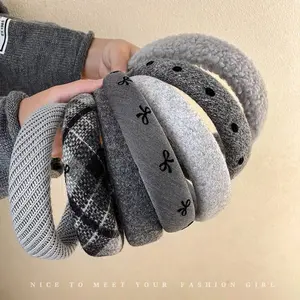 Gray plush wide-brimmed headband for women, autumn and winter high-crown hair accessory, new face-washing headband