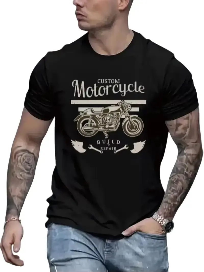 Men's Vintage Wing Wrench Classic Motorcycle Print Soft Cotton Short-Sleeve T-Shirt - Breathable Distressed Menswear Top for Biker Riders, Ideal for Birthday Outfits, Pair with Denim Cargo Pants