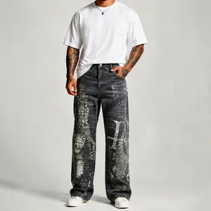 Menswear Men's American High Street Jeans - Python Print, Flare Straight Cut, Stacked Floor-Length Style