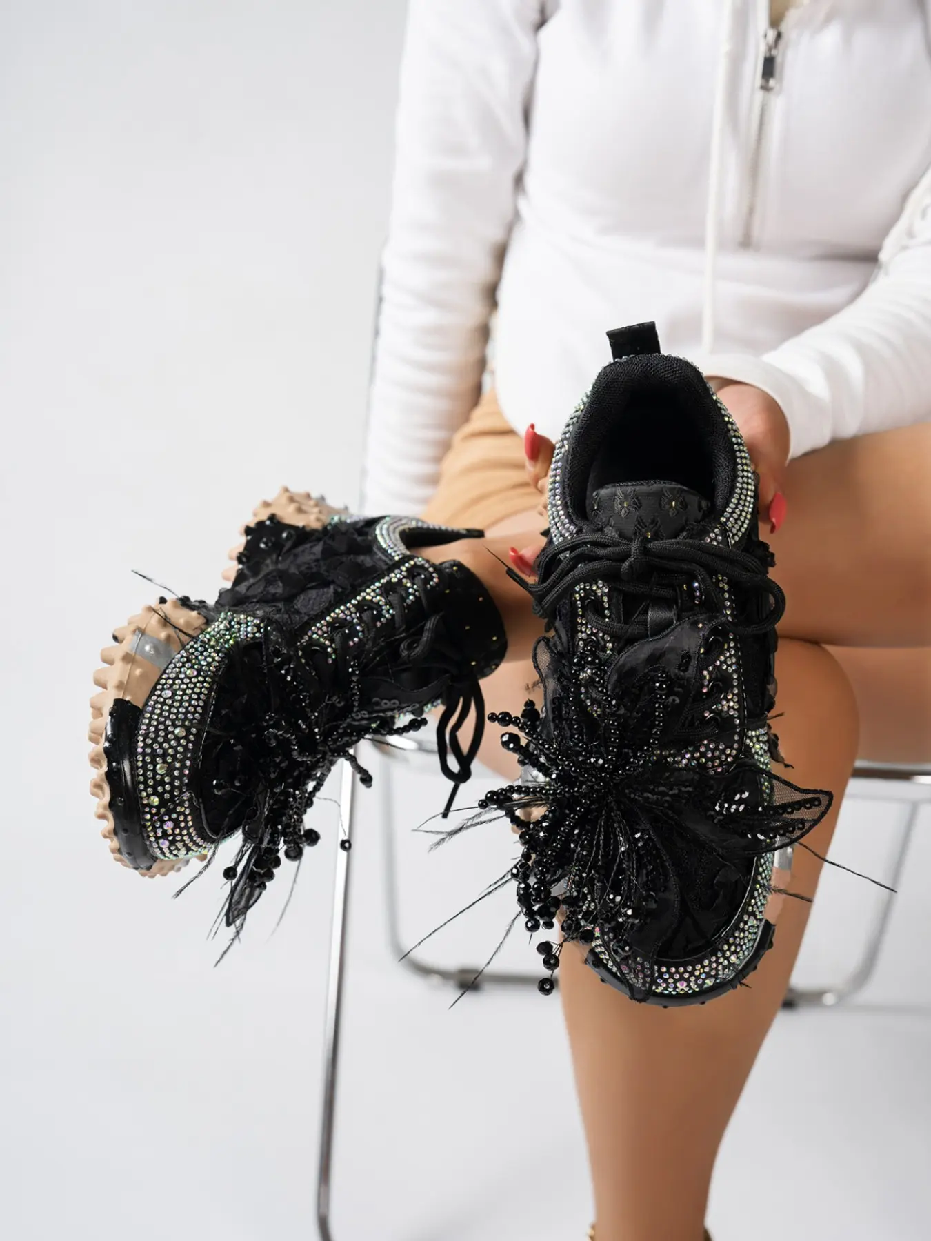 Women's Rhinestone Checkered Dad Shoes, Thick Sole Height Boost Anti-Slip, Casual Sporty Footwear, Platform Casual Shoes, All-Season Textile Rubber Soles