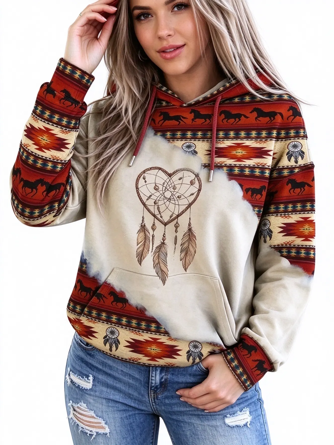 Women's Bohemian Hoodies Western Cowgirl Pullover Hoodie, Retro Ethnic Aztec Horse & Dreamcatcher Heart Graphic Sweatshirts,Long Sleeve Sweaters,Y2K Tops,Vintage Graphic Sweatshirts,Long Sleeve Tops Women,Winter Clothes Women