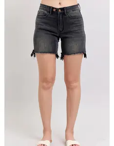 Judy Blue Black Cut Off Double Button High Waist Above the Knee Rock Style Summer Casual Spandex Cotton Women's Bottoms Mini Fit - Fabric - Short