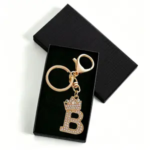 B - Gold Initial Keychain with Rhinestone Crown, Elegant A-Z Letter Pendant for Handbag, Car Keys, Gift for Women