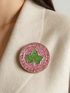 Round Circle Greek Sorority Pink and Green Rhinestone Maple Leaf Ivy Brooch Give Girlfriend Pretty Jewelry Fashion Accessory