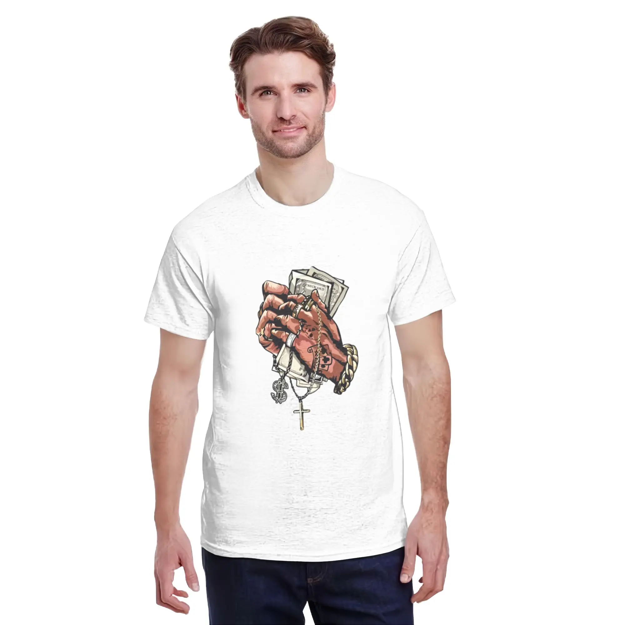 Praying Hands Money Faith Tee | Dollar Cross Necklace Ring | Urban Religion Graphic | Quick-Dry Performance Fabric | Provocative All-Season Statement Top