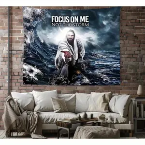 1pc "Focus on Me Not the Storm" Jesus Calming the Storm Tapestry - Polyester Wall Hanging for Dorm, Bedroom, Living Room Decor - Inspirational Religious Art, Party Backdrop, Holiday Gift, Scripture Wall Art, Dramatic Artwork, Peach Ligh