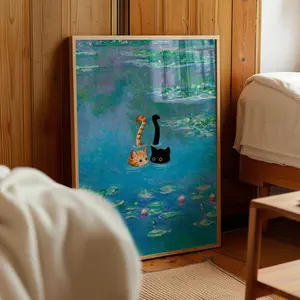 [UNFRAMED POSTER] Black and Orange Cats Swimming Print Monet Waterlily Funny Gift Poster Cat Wall Decor