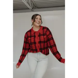 Women's Chic Long-Sleeve Plaid Knit Coat - Red Nylon Fabric, Breathable, Pocketed, Stylish, Slim-Fit Jacket for Everyday Casual Wear