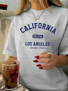 California Los Angeles Est.1776 Print Oversized T-Shirt for Women, Y2K Aesthetic Vintage College Style Graphic Tee, Preppy Outfit, Casual, Streetwear, Daily Wear, Beach, Vacation, Retro Varsity Style for Teen Girls, Gen Z Fashion Lovers, Womenswear