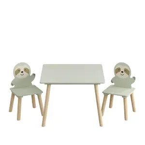 Kids Table and Chair Set with 2 Cute Sloth Chairs, Wooden Toddler Activity Table, Cute Animal Design Play & Study Set for Playroom, Bedroom, Classroom – Sage Green & Wood