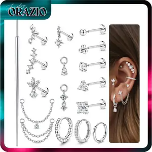 ORAZIO 16G/18G/20G Threadless Flat Back Earrings 316L Surgical Steel Cartilage Helix Tragus Conch Labret Medusa Piercing Jewelry Hypoallergenic Studs & Hoops