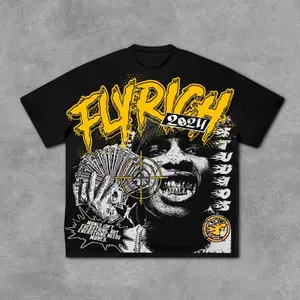 Fly Rich Abstract Human Face Graphic 100% Cotton T-Shirt Men Y2K Summer Short Sleeves Oversize Tshirt Streetwear Women Tops