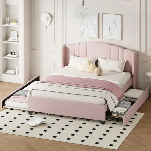 Queen Size Platform Bed with Twin Trundle and 2 Drawers, Upholstered Bed Frame with Wing Back Headboard, Pink
