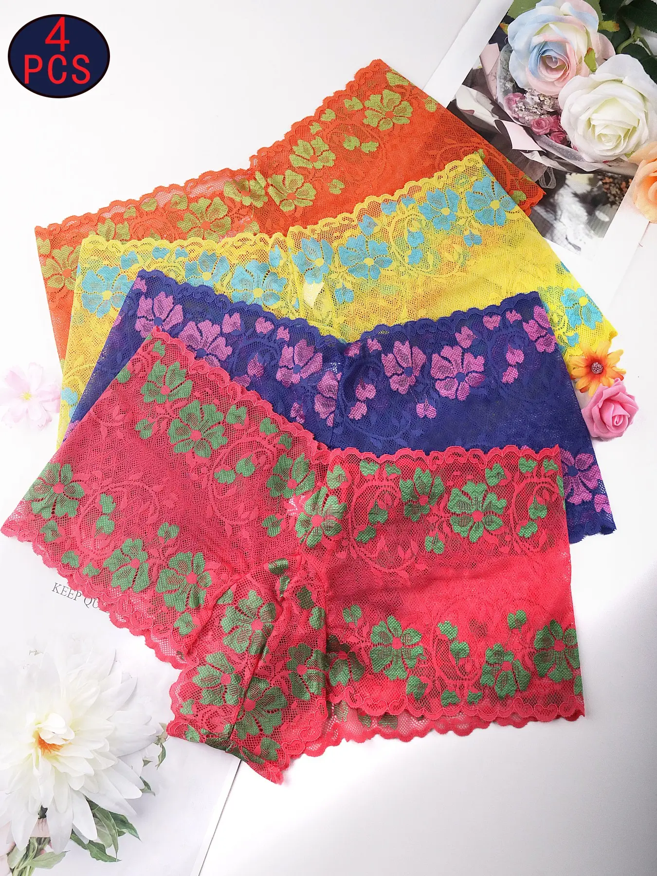 4-Piece Men’s Lace Underwear Set, Color-Blocked Men's Lingerie with Floral Print, Elegant Underwear, Soft Comfortable Fabric for Special Occasions, Perfect for Valentine's Day, Soft Stretch Lace Trim Briefs