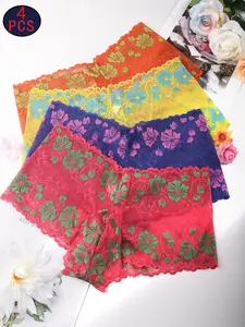 4-Piece Men’s Lace Underwear Set, Color-Blocked Men's Lingerie with Floral Print, Soft Comfortable Fabric for Special Occasions, Perfect for Valentine's Day, Soft Stretch Lace Trim Briefs