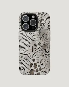 Neutral Animal Print Phone Case Leopard Tiger Pattern Tough Phone Case Durable Polycarbonate Outer Shell Flexible TPU Interior Liner Two Piece Design Lay Flat Bezel UV Protected Finish