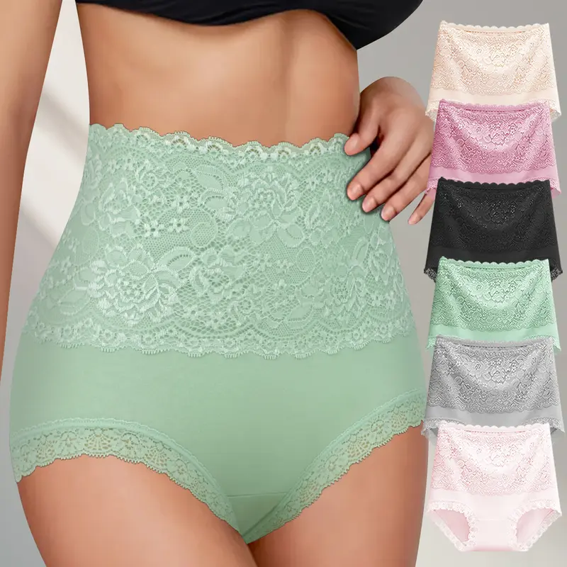 QUASTI Women's 6pcs (2*Fruit Green, 2*Skin Color, 2*Light Pink) High-Waisted Cotton & Elastane Panties - Soft Breathable Knicker, Contrast Lace, Butt-Lifting, Abdominal-Tightening Casual Cute Briefs, Ideal Birthday Gift (Daily Wear, Do Not Dry Clean)