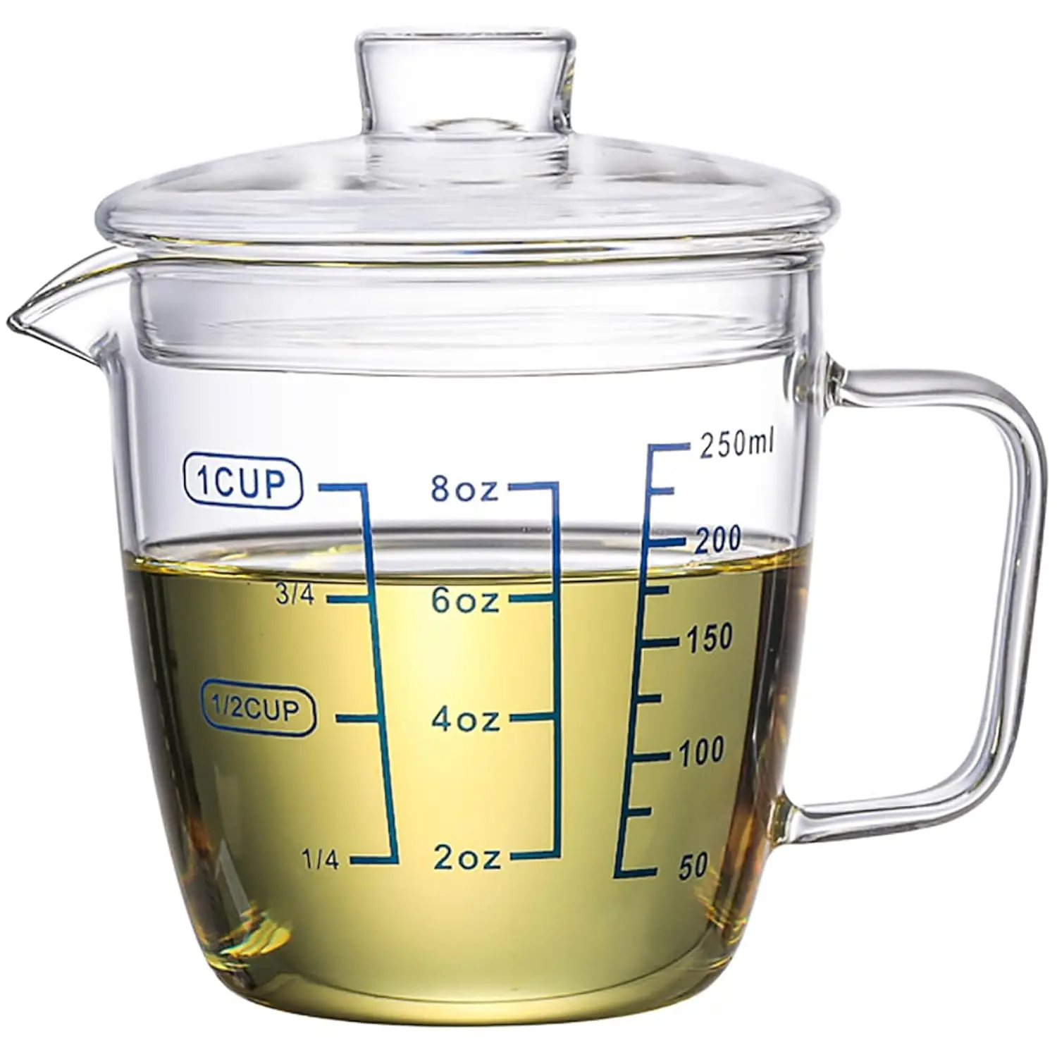 Glass Measuring Cup With Lid, Graduated Beaker Mug With Handle, Borosilicate Glass V-Shaped Spout Microwave Safe Scales Milk Cup For Cooking Baking (1Cup/8Oz/250Ml)