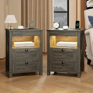 FREDEES Nightstands Set of 2 with Gun Drawer, Farmhouse Bedside Table with Charging Station, Gun Night Stand with LED Light & Human Sensor, Smart End Table for Bedroom