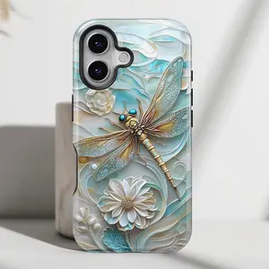 Dragonfly Floral Phone Case, Intricate Golden Turquoise Accents Stylized Patterns Embossed Luxurious Elegant Artistic Nature Inspired Retro Collage Aesthetic Gift Fashion Vibes, iPhone 17 16 15 14 13 12 Pro Max Plus X, Galaxy S25 S24 S23 S22 S21 Ultra