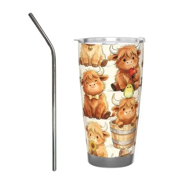 Highland Cow Gifts for Women, Stainless Steel Insulated Tumbler Travel Mug Cup with Lid and Straw, Highland Cow Stuff