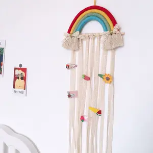 Rainbow Tassel Hair Bow Holder Hand - Woven Hair Accessories Children's Hairpin Storage Belt Wall Hanging Decoration for Baby Girls Room