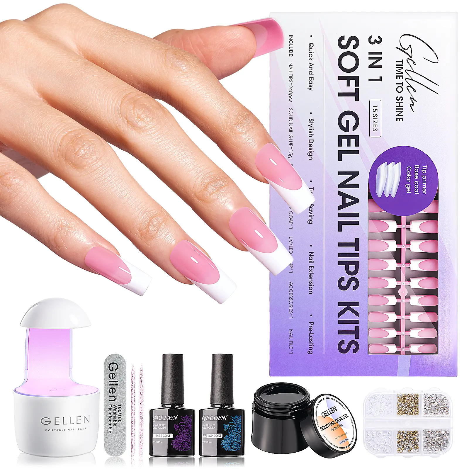 Gellen Soft Gel Nail Tips and Gel Glue Kit - Pink Brown Press on Nails French Tip Gel Nail Tips Kit, Included Press on Nail Glue and Gel Top Base Coat, Nail UV Lamp Extension Kit