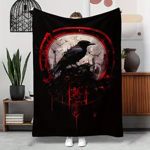 Gothic Raven & Red Circle Flannel Blanket, Ultra-Soft Plush Throw with Dark Fantasy Crow Print, Cozy Warm Fleece Blanket for Couch Bed Sofa, Perfect Goth Home Decor & Gift for Crow Lovers, All-Season Comfort