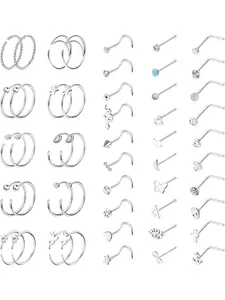 50Pcs 8mm Nose Ring Studs Stainless Steel 20G Nose Stud L Shape Corkscrew Silver Gold Black Nose Rings Hoops Curved CZ Butterfly Star Thin Cartilage Helix Nostril Piercings Jewellery