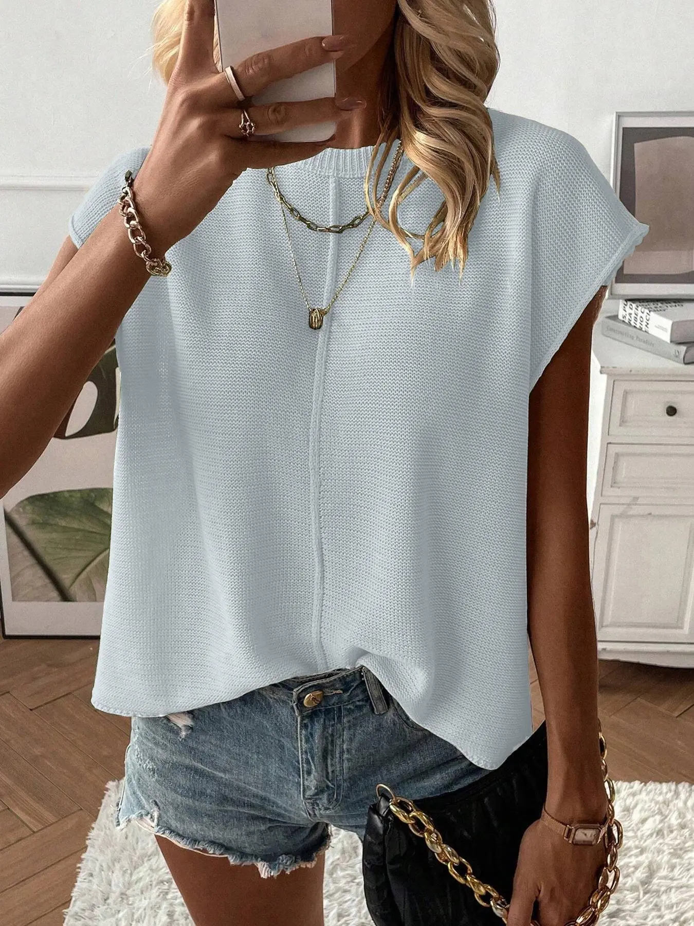 Women's Solid Color Sweater Vest, Casual Fashion Round Neck Knit Top for Summer, Fashion Women's Knitwear for Daily Wear