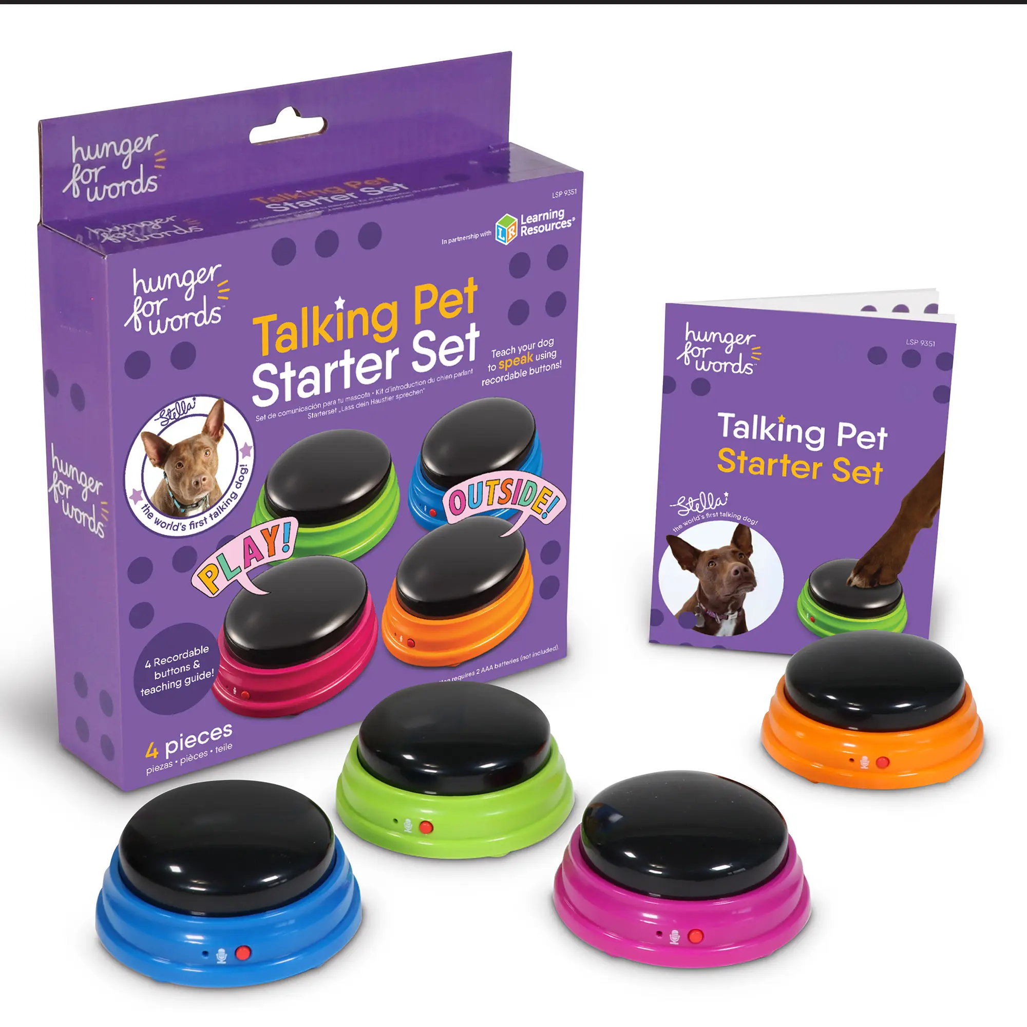Brightkins Hunger for Words Talking Pet Starter Set - 4 Piece Set Recordable Buttons for Dogs, Talking Dog Buttons, Teach Your Dog to Talk, Talking Pe