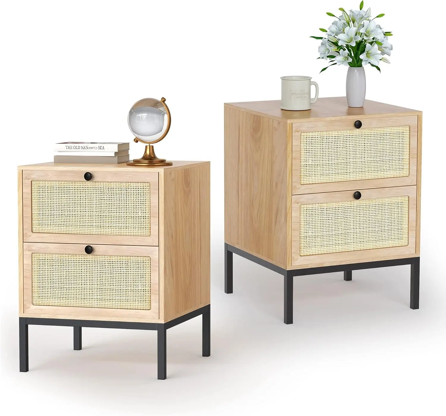 Yechen Set of 2 Rattan & Wood Nightstands - Bohemian Bedside Tables with 2 Storage Drawers, Handmade Natural Cane, Metal Frame Legs for Modern Bedroom (Natural Oak, Light Brown), Nightstand, Clean Look