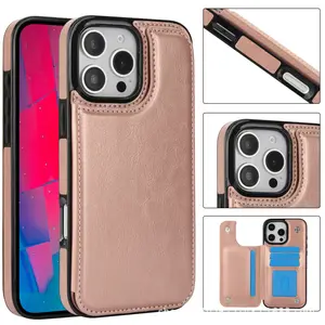 Classic Retro Wallet Phone Case Leather Horizontal Grain Card Holder 2-in-1 for Apple 13-17 & Samsung S22-S25 Premium Business Choice in Black Brown Pink Wireless Protection