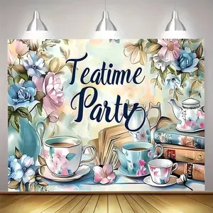 Tea Time Party Theme Party Banner, 1 Count Garden Tea Party Themed Party Backdrop, Photo Props Background Cloth, Home Background Decoration, Ornaments