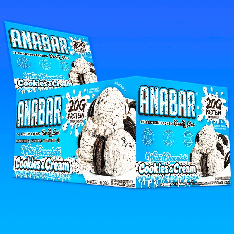 Cookies & Cream Anabar - 12 Pack - Best Tasting Protein Bar With 20g Protein & No Sugar Alcohols. Candy Bar Flavor With Protein Bar Nutrition.