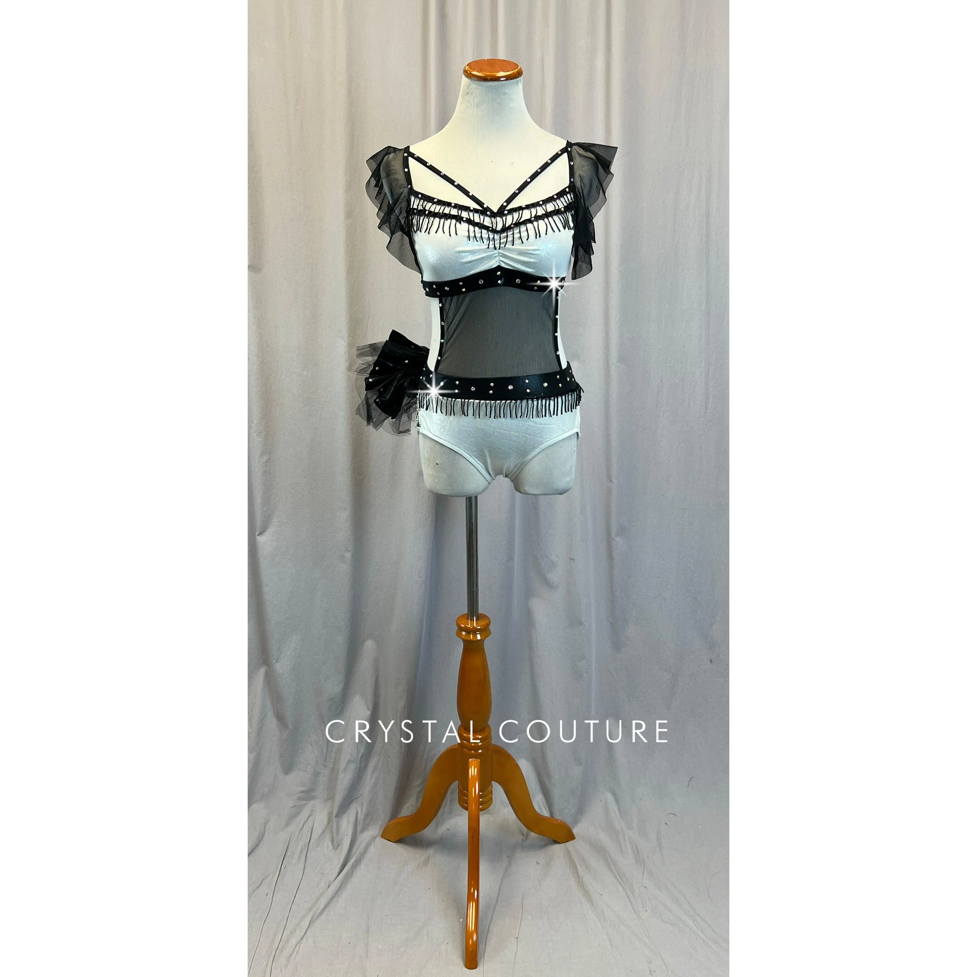 Silver and Black Mesh Strappy Leotard - Rhinestones