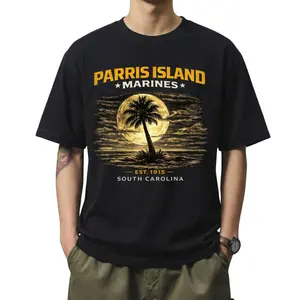 Parris Island Marines South Carolina T-Shirt, USMC Military Graphic Tee, Palm Tree Moon Front Print With Est 1915 Design, Marine Corps Training Base Outfit, Soft Cotton Tee Gift For Marines and Men