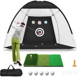 Golf Practice Net, 10x7 ft (approx.3x2 m) practice net with triple-layer artificial turf mat, home all-in-one hitting aid, suitable for backyard hitting, chipping, and swing training, black model