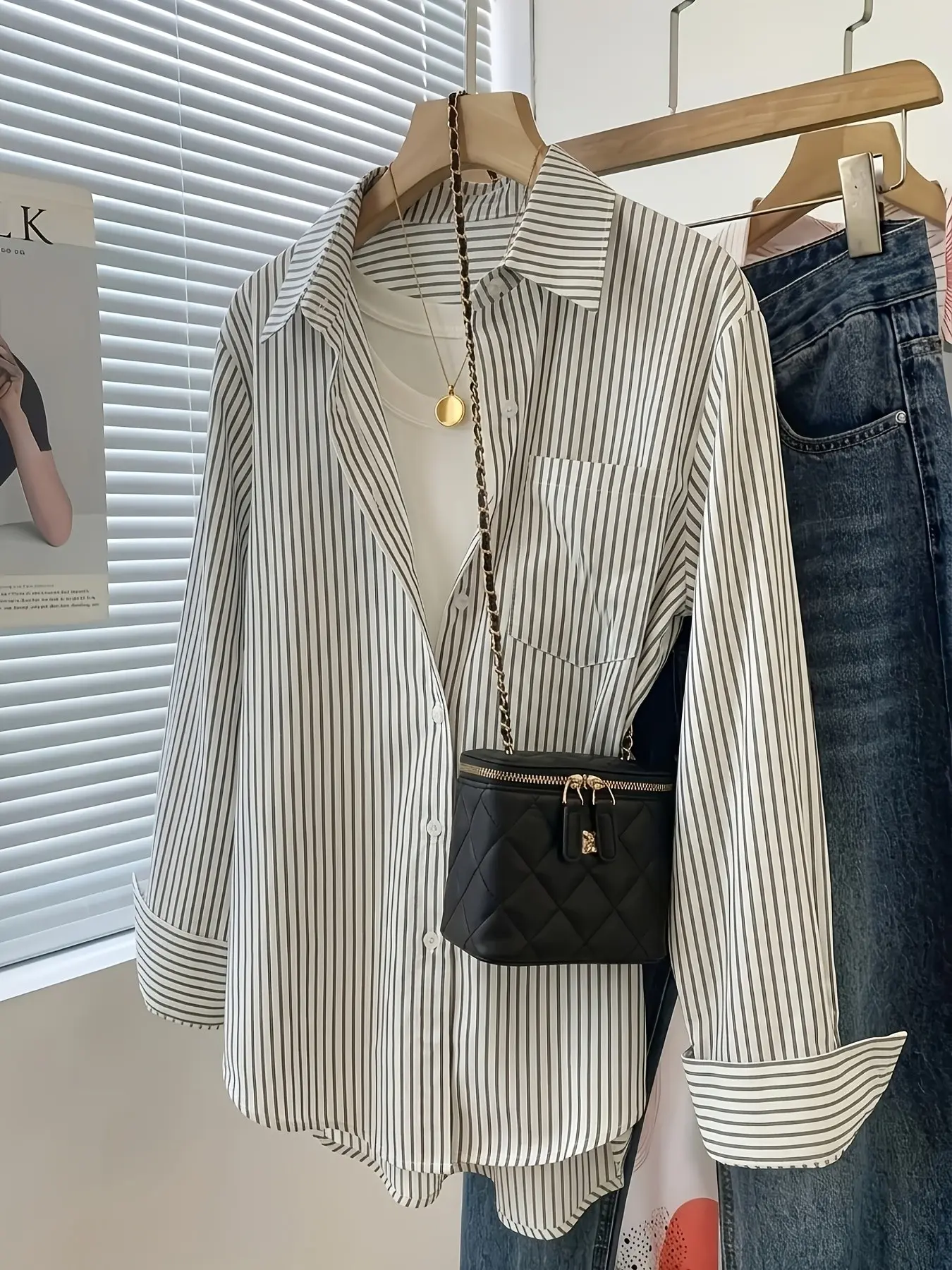 Women's Fashion Striped Shirt Blouse with Long Sleeves and Pockets, Womenswear, Elegant Simple Design, Commuter Office Wear, Casual Stylish Top, Ladies' Clothing, Casual Collared, Casual Blouse Shirts, Casual Button Up, Blouse Tops